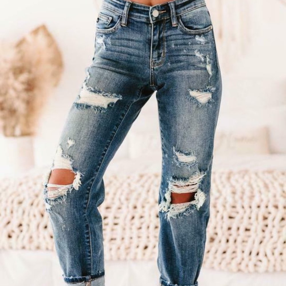 Judy Blue Destroyed Distressed Boyfriend Jeans Women's Plus Size 14W H11774 - Picture 6 of 12